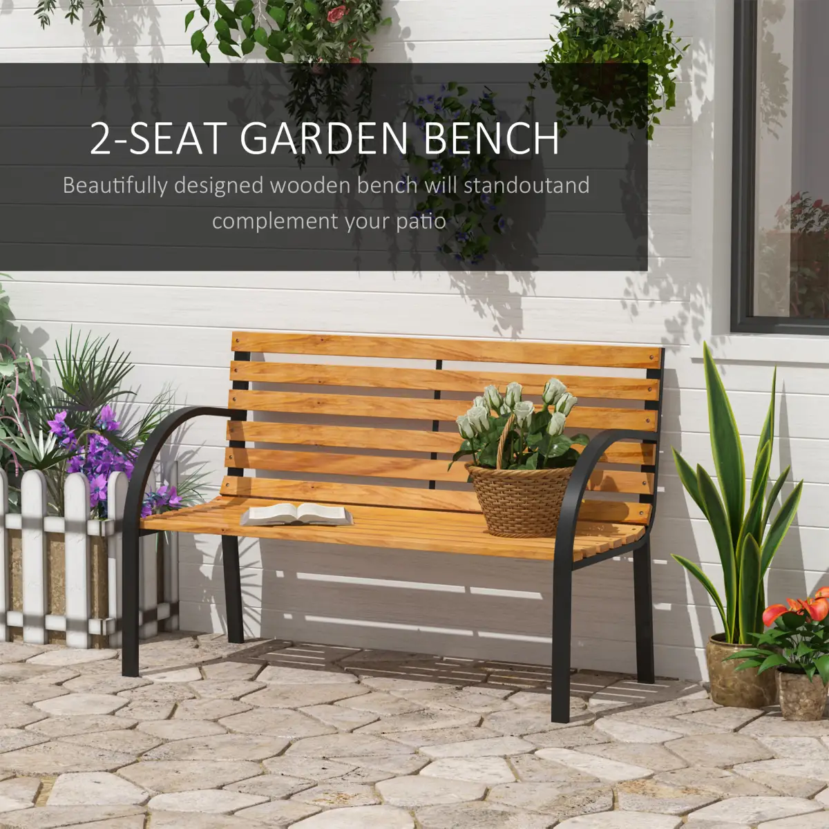 Outsunny Garden Bench, 122Lx60Wx80H cm-Steel/Wood - Garden Chairs
