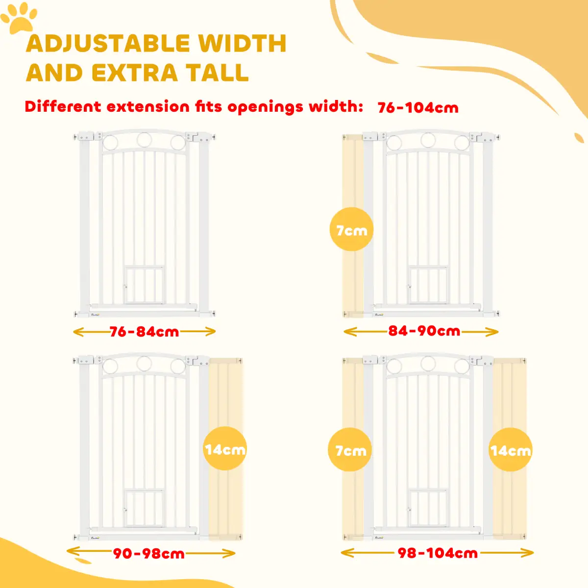 PawHut Stair Gate with Cat Door, Adjustable Width, 76-104cm and 106cm Tall - Pet Gate