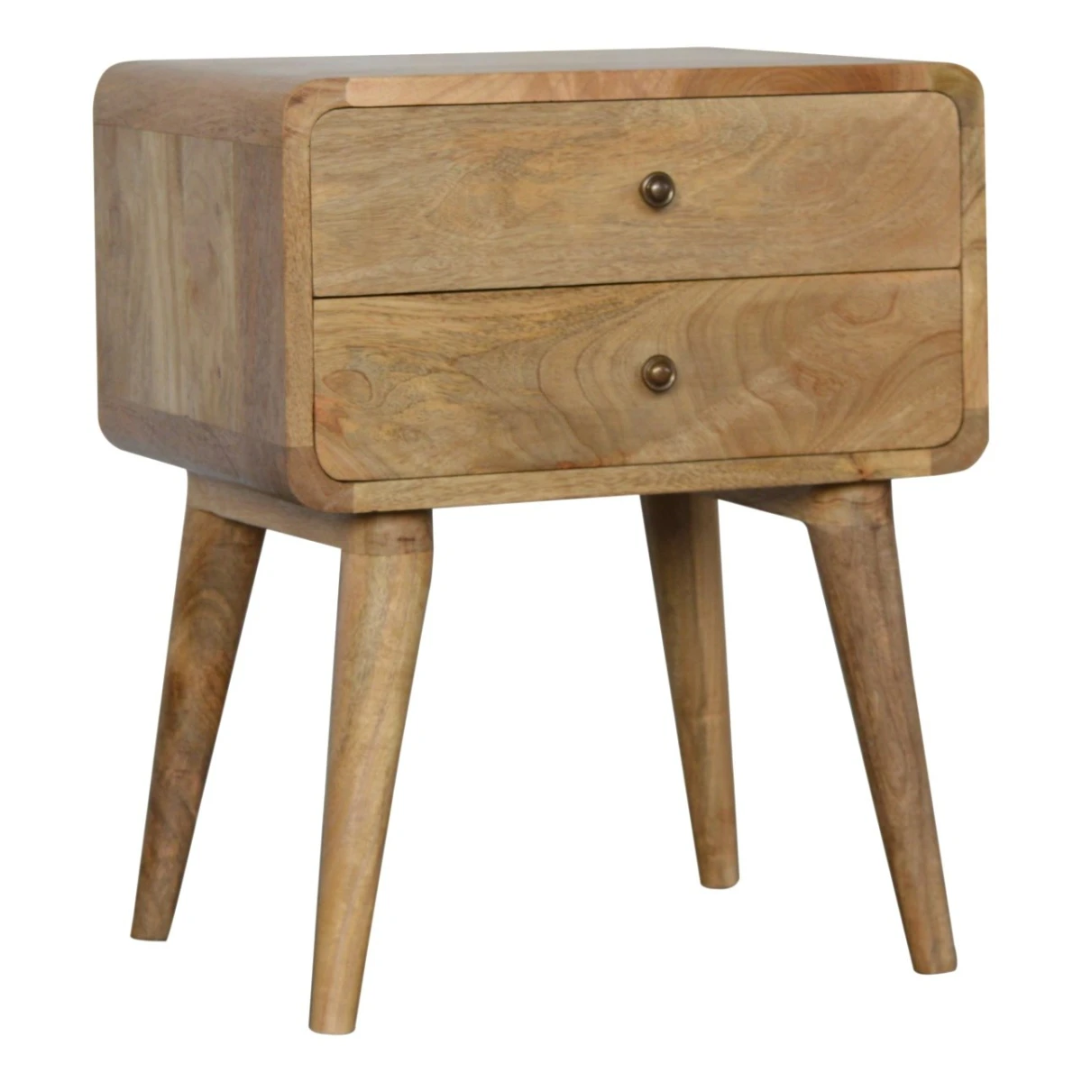 Artisan Furniture Artisan Bedside Table Solid Mango Wood Curved Edges Oak Finish Compact Size Two Drawer Nightstand For Bedroom - Bedside Table