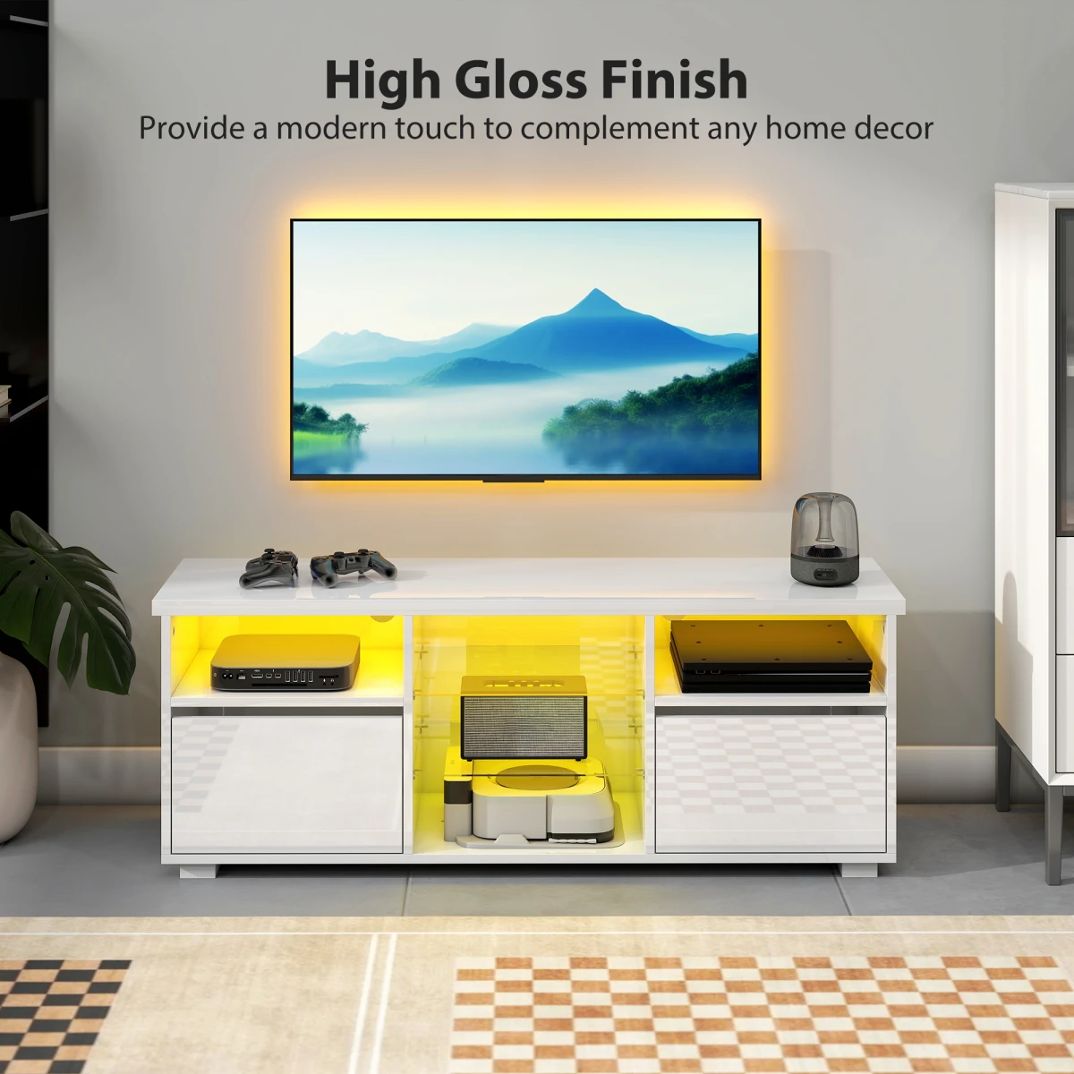 HOMCOM High Gloss TV Stand For 55in TV LED Lights RGB by HOMCOM