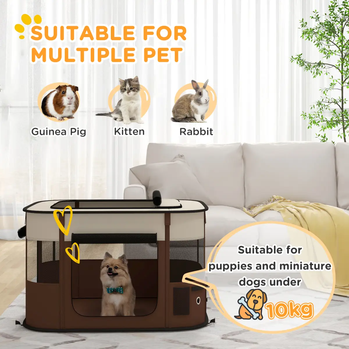 PawHut PawHut Portable Dog Pen for Puppies, Rabbits, Kittens, Guinea Pigs - Brown - Pet Playpen