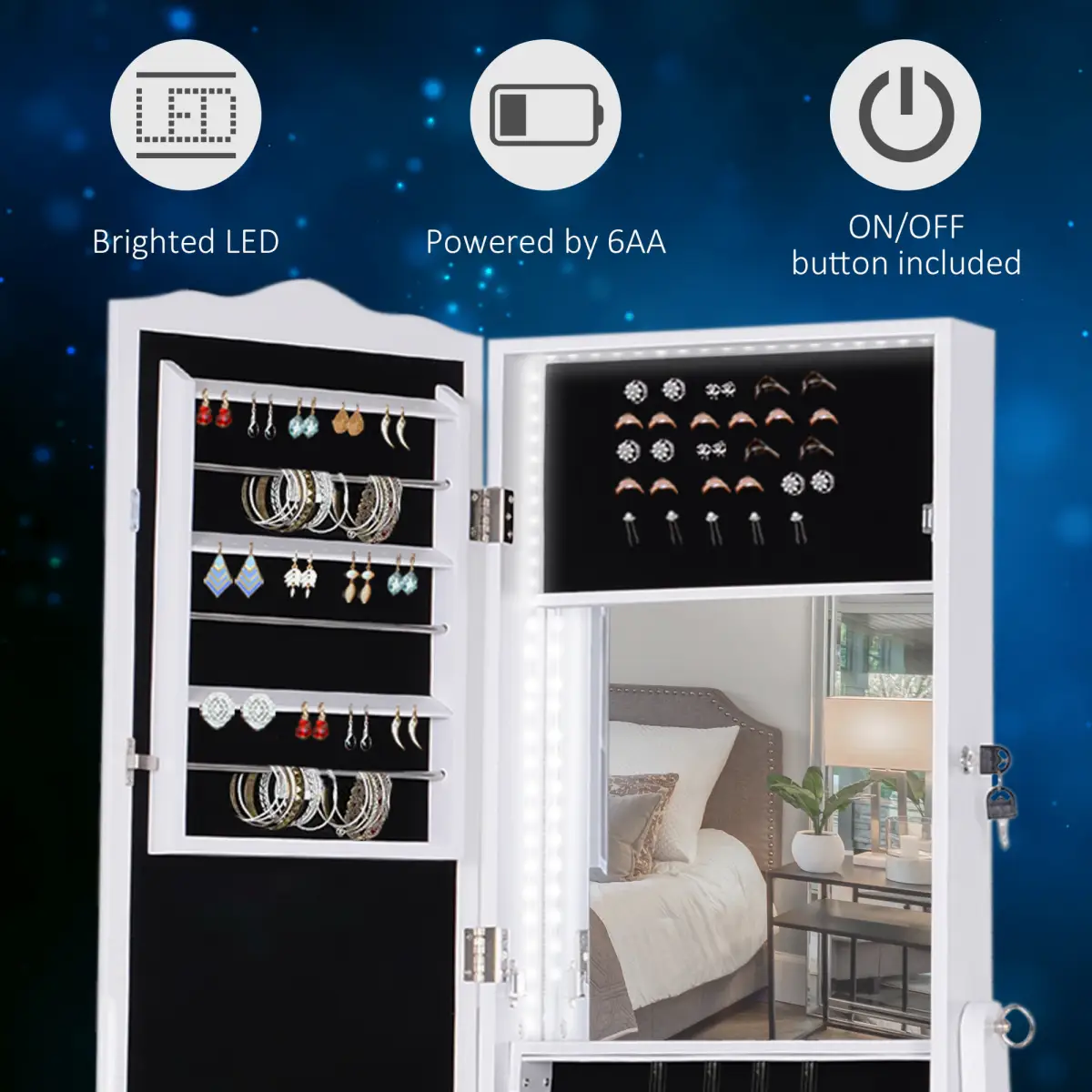 Unbranded Mirrored Jewelry Cabinet Armoire Floor Standing Lock, LED Light White - Display Cabinet