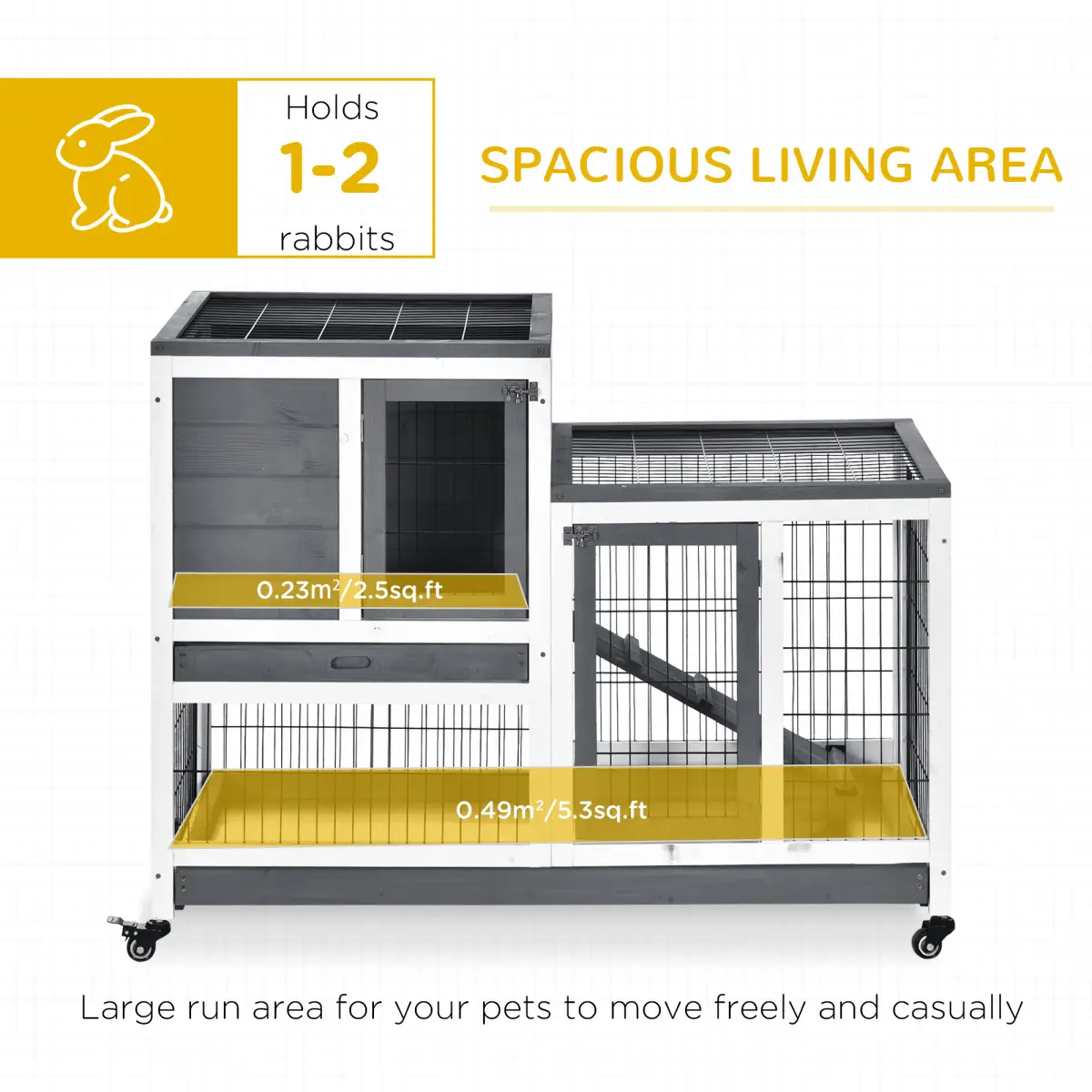 Pawhut Wooden Rabbit Hutch Bunny Guinea Pigs House Cage Wheels Indoor 110 x 50 x 86cm - Rabbit Hutch