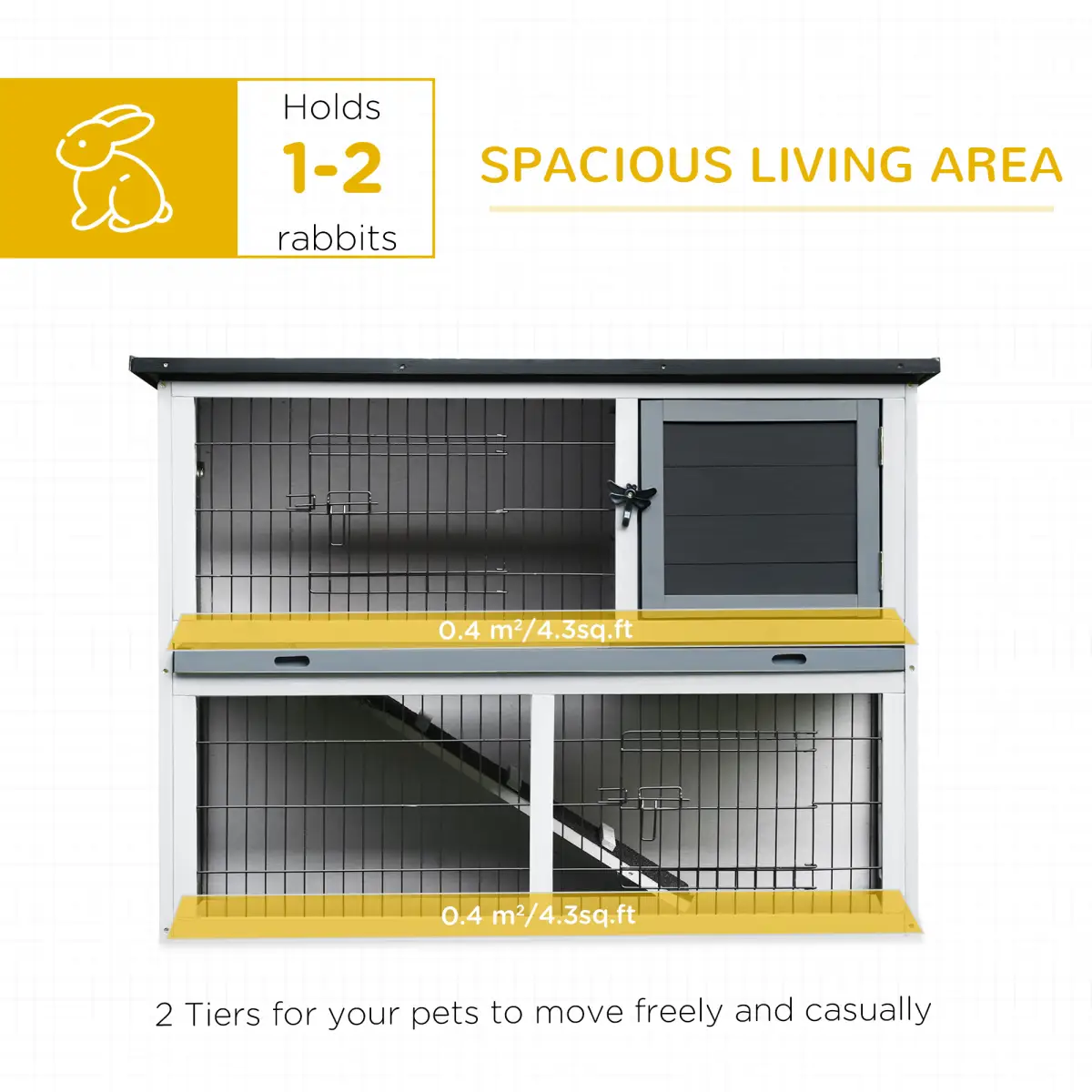 Pawhut Rabbit Hutch and Run w/ Removable Tray Openable Top for Indoors & Outdoors Grey - Rabbit Hutch