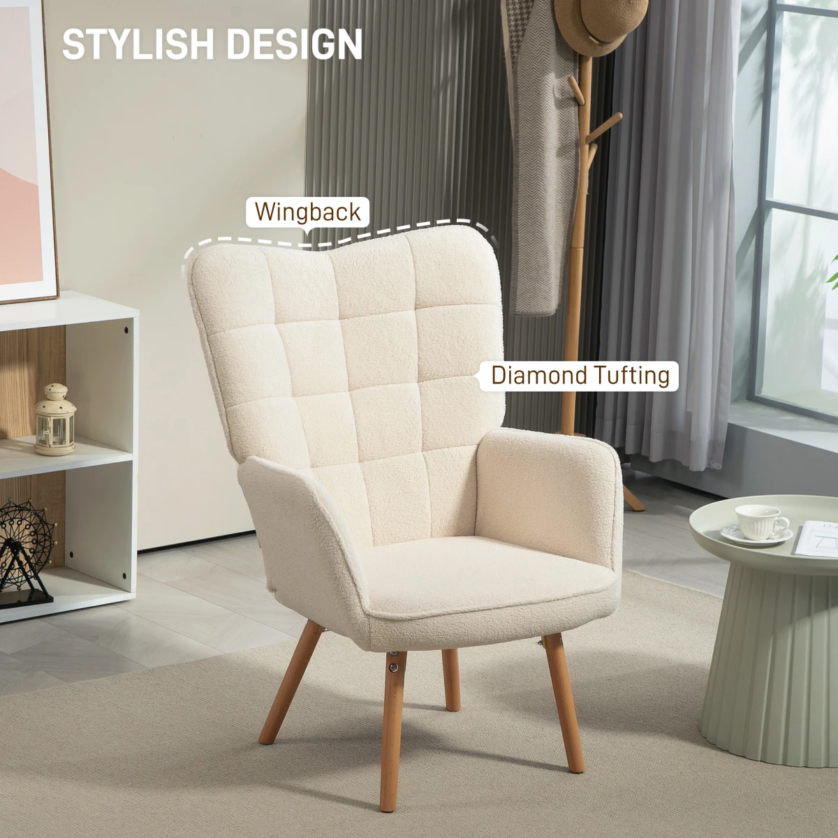 HOMCOM Tufted Wingback Armchair Medium Fleece Seat LivingRm - Armchair