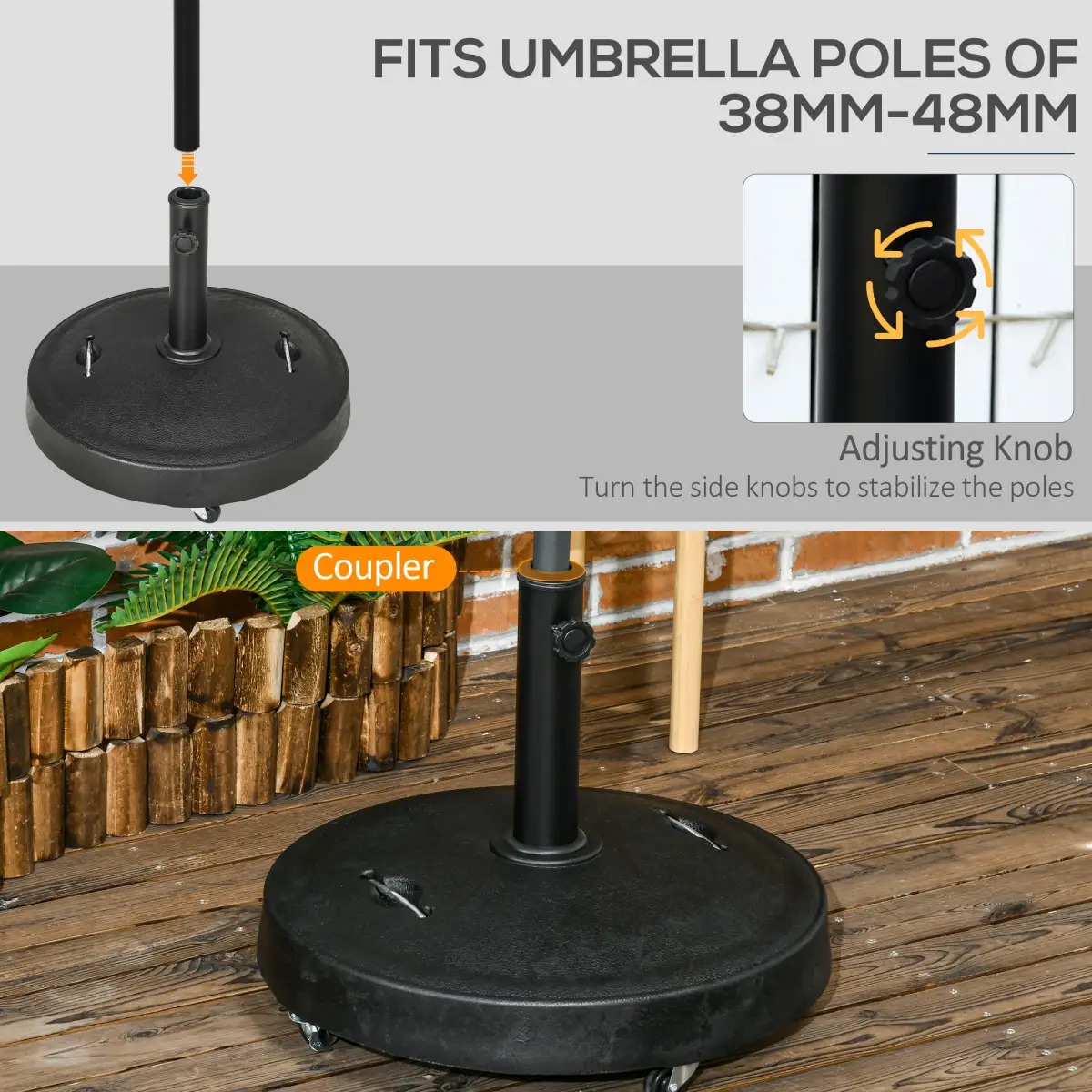 Outsunny 23.5kg Round Resin Parasol Base 38-48mm Pole With Wheels And Brakes For Outdoor Gardens - Outsunny - Home Symphony