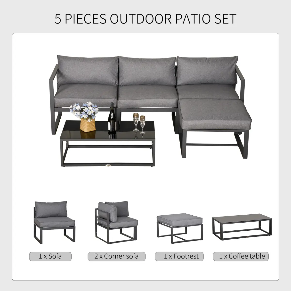 Outsunny Outsunny 5-Piece Outdoor Patio Set Padded Cushion Coffee Table Aluminum Tube - Garden Set