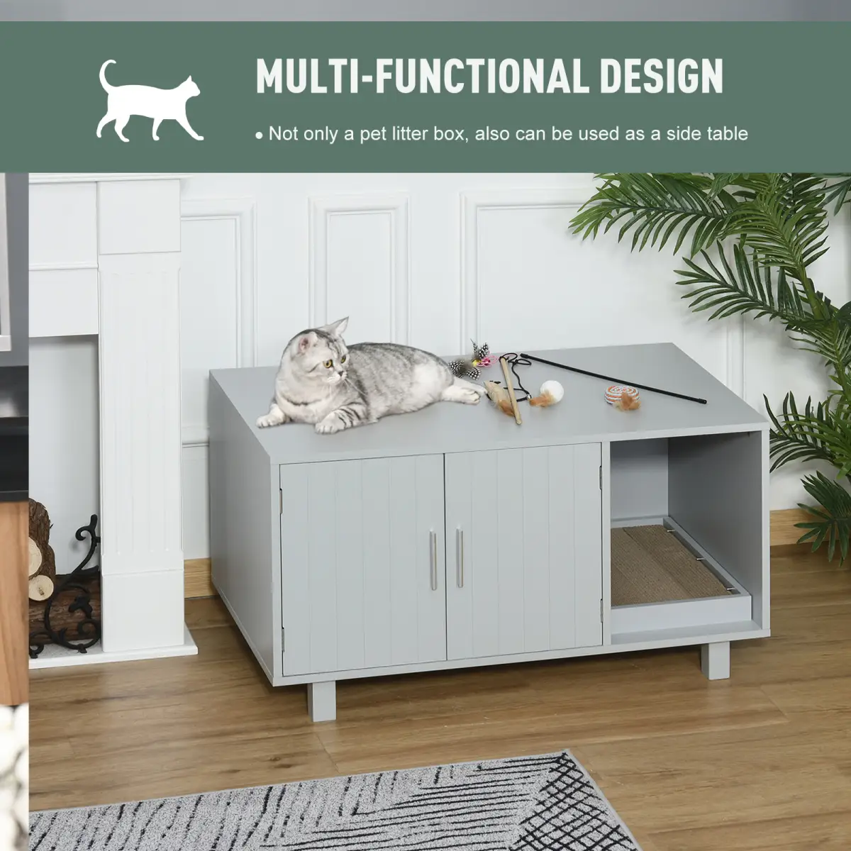 Unbranded Indoor Feline Cat Box Furniture Kitty Table w/ Scratch & Magnetic Doors, Grey - Cat House
