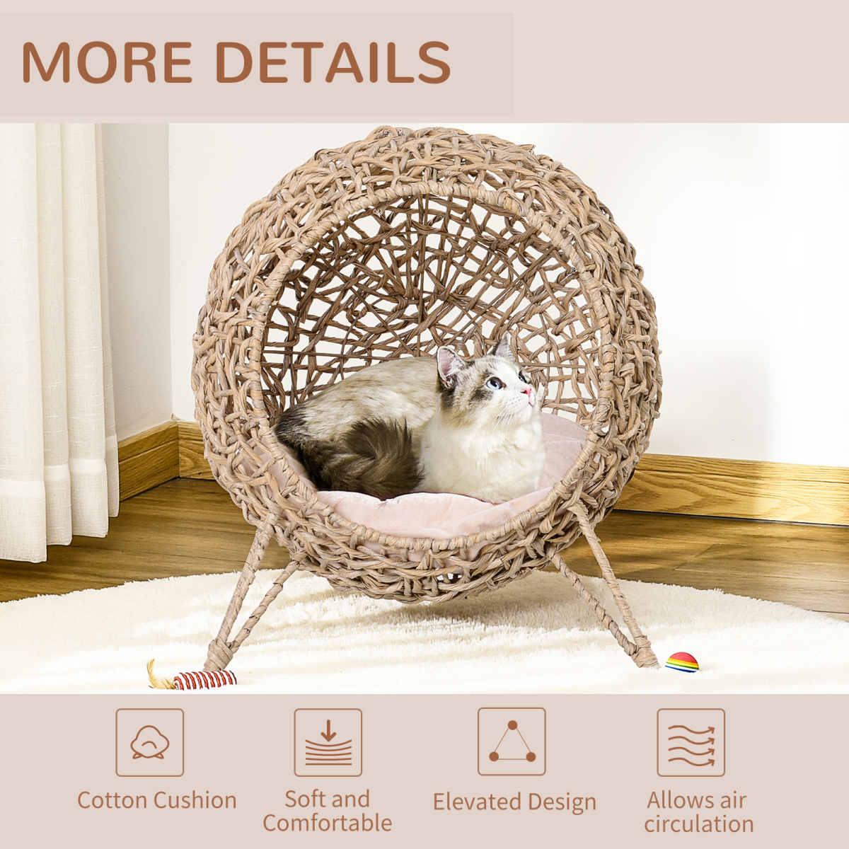 Rattan Elevated Cat House Kitten Bed Pet Furniture w/ Cushion Natural - from PawHut