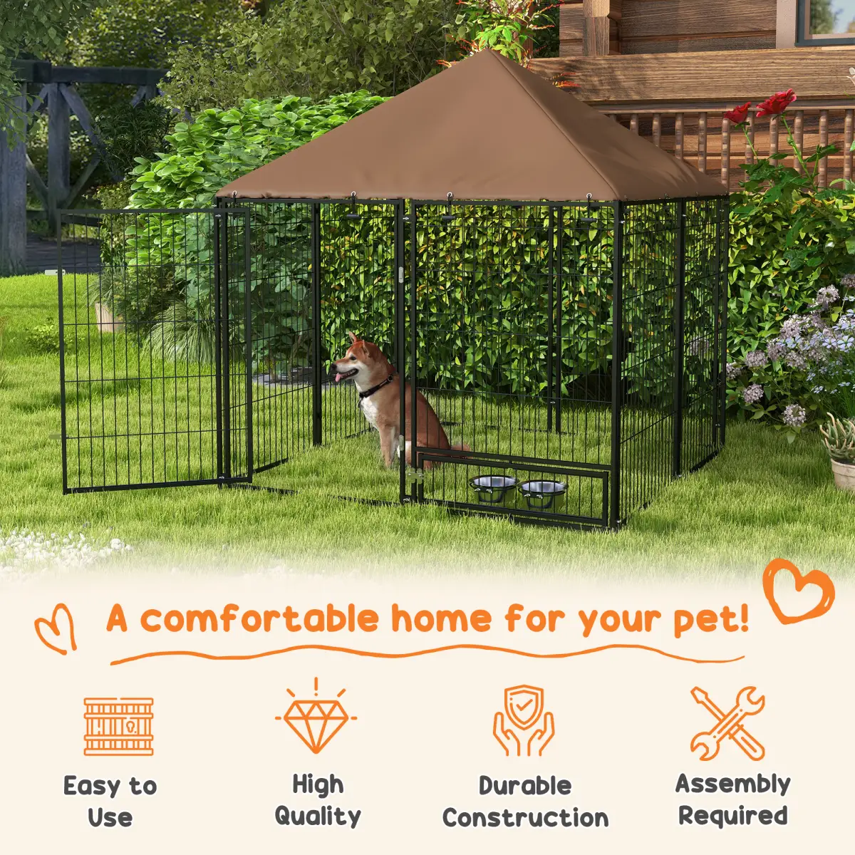 PawHut Outdoor Dog House Kennel with Canopy Top & Secure Lock Rotating Bowl Holder - Dog Kennel