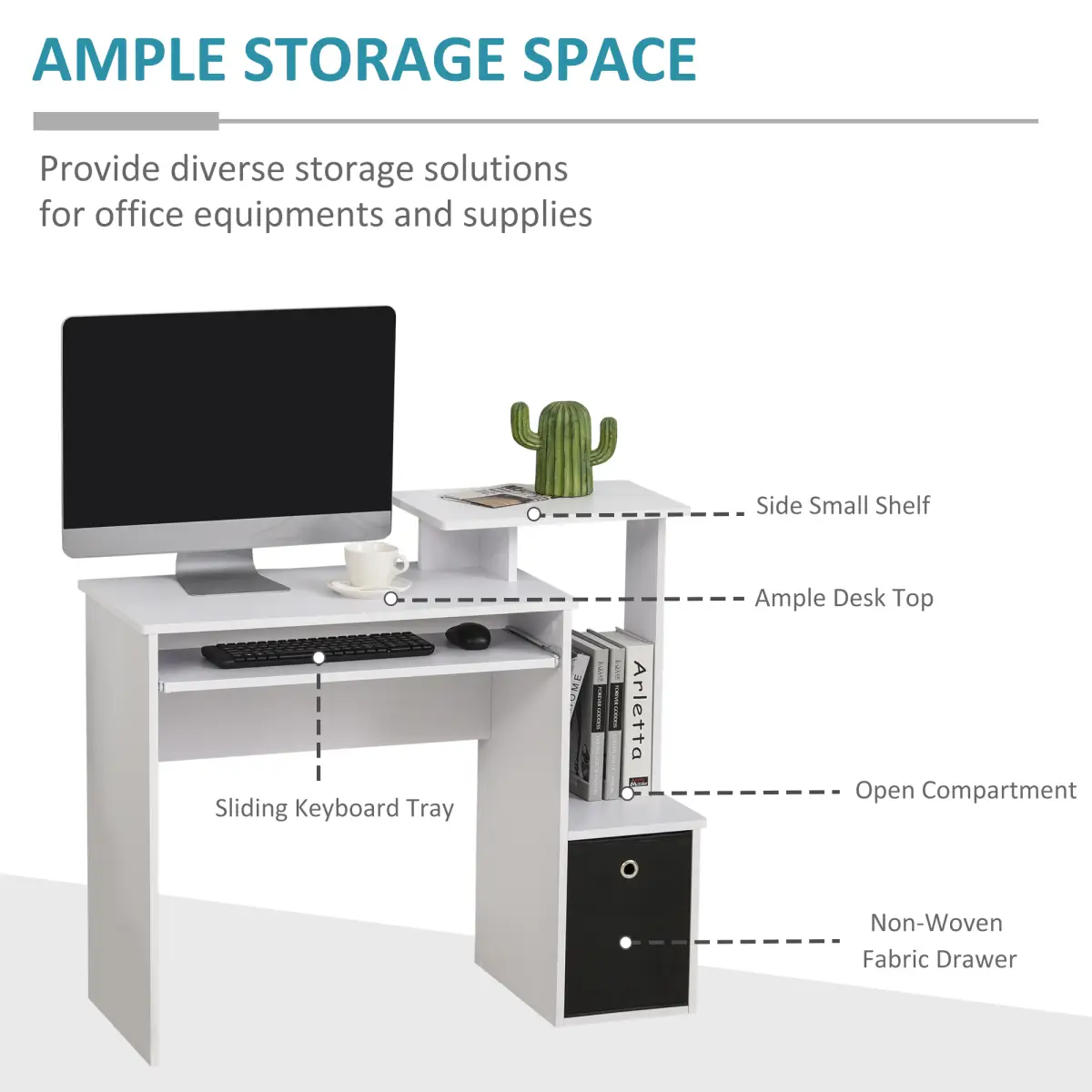 HOMCOM Computer Desk with Sliding Keyboard Tray Storage Drawer Shelf White - Desk
