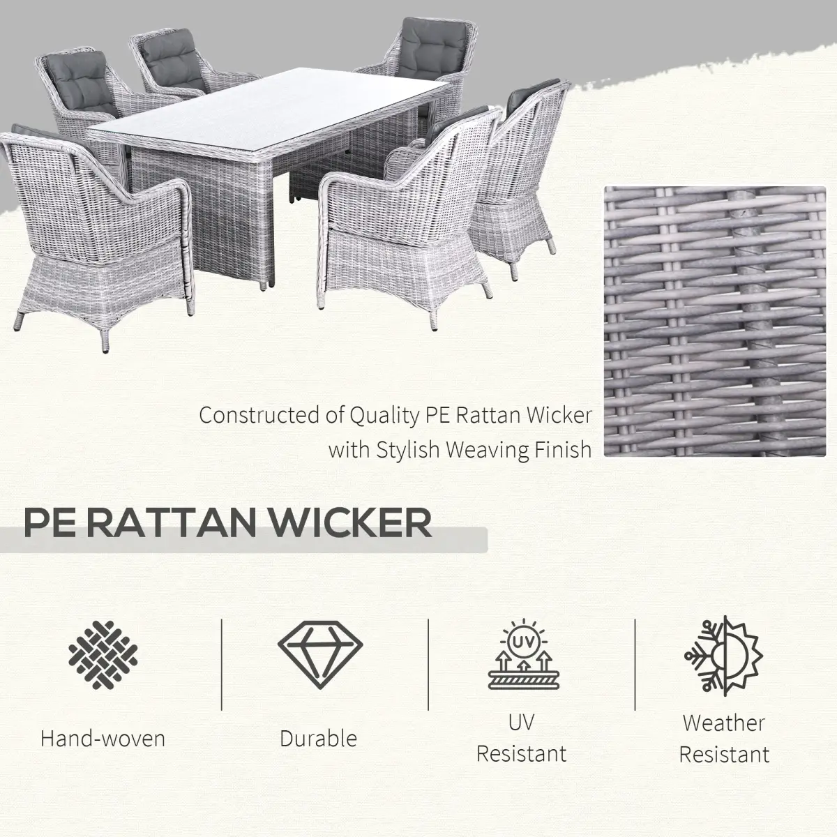 Outsunny 7 PCS Patio PE Rattan Wicker Dining Table Set Furniture w/ Tempered Glass - Garden Set