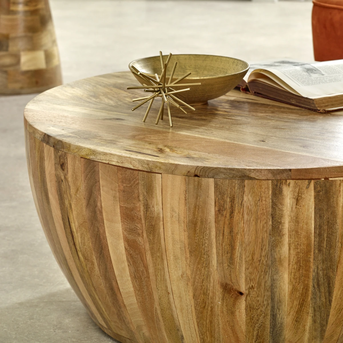 Surrey Drum Coffee Table Round Diameter 40cm Solid Mango Wood Handcrafted Eco Friendly Living Room Decor by Indian Hub