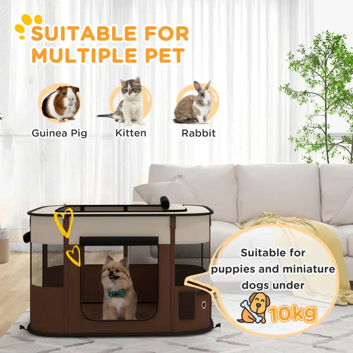 PawHut PawHut Portable Dog Pen for Puppies, Rabbits, Kittens, Guinea Pigs - Brown - Pet Playpen