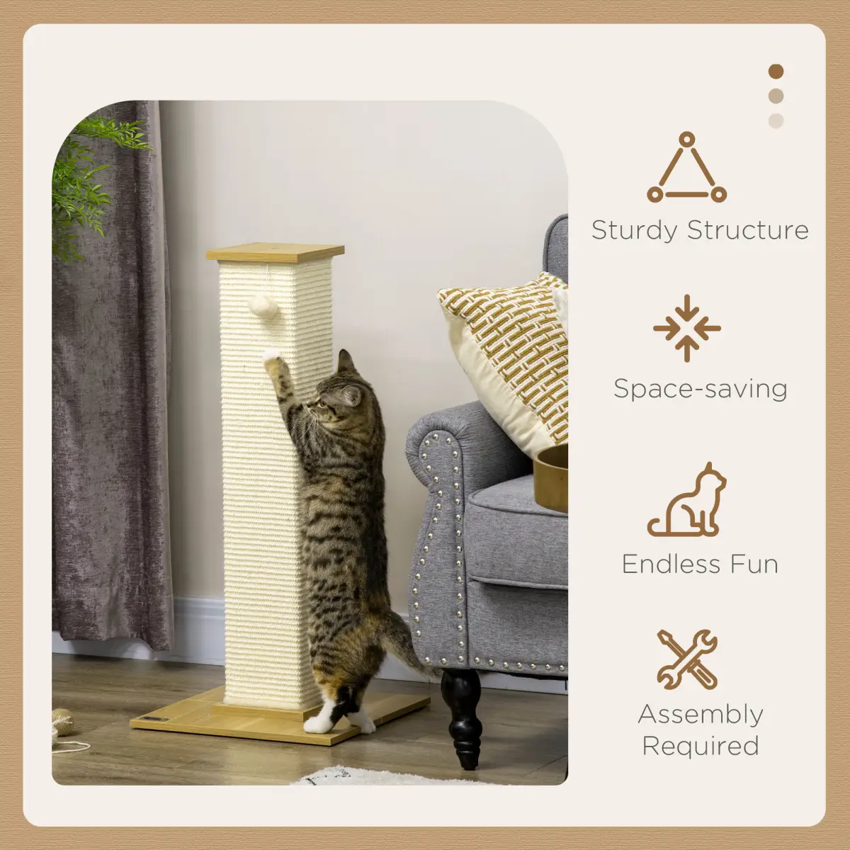 PawHut 80cm Sisal Rope Scratching Post w/ Toy Ball - White - Cat Tree