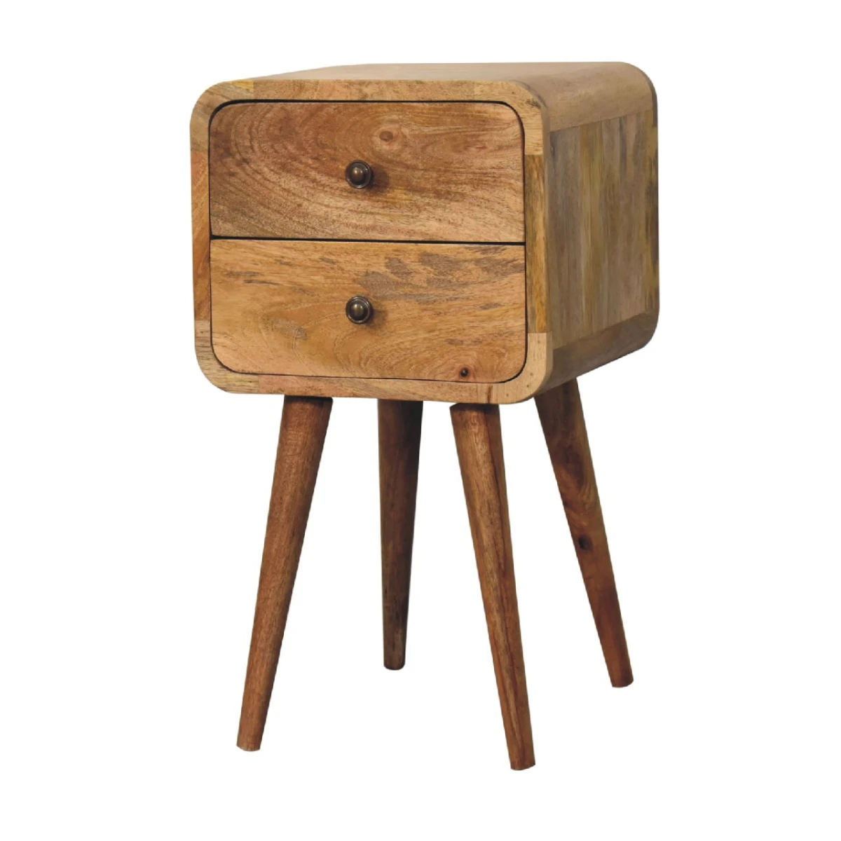 Artisan Nightstand Mini Solid Mango Wood Oak Finish Curved Edges Two Drawer Bedroom Decor for Small Spaces by Artisan Furniture