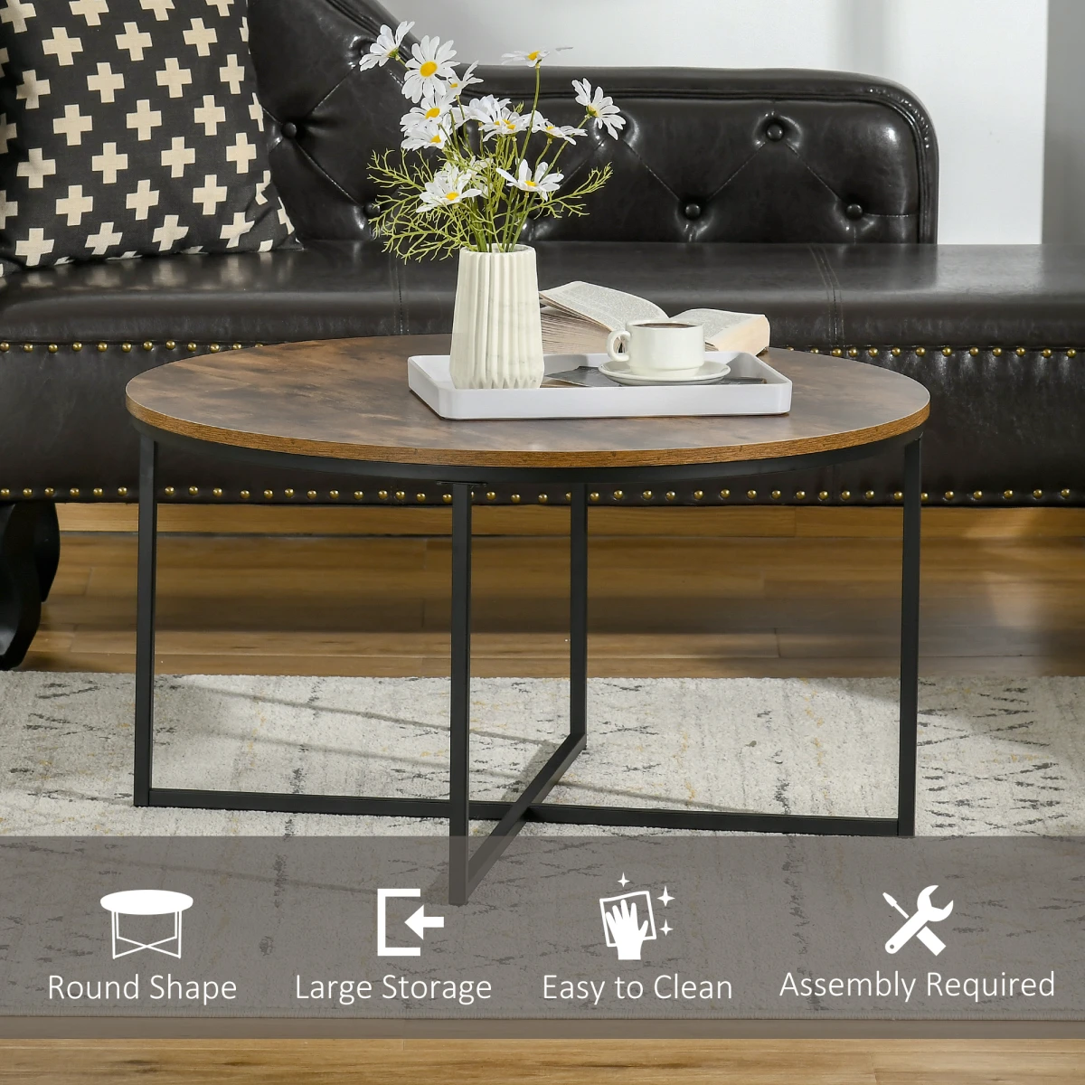 HOMCOM Industrial Round Side Table with Metal Frame, Large Tabletop, Rustic Brown - Dining Table