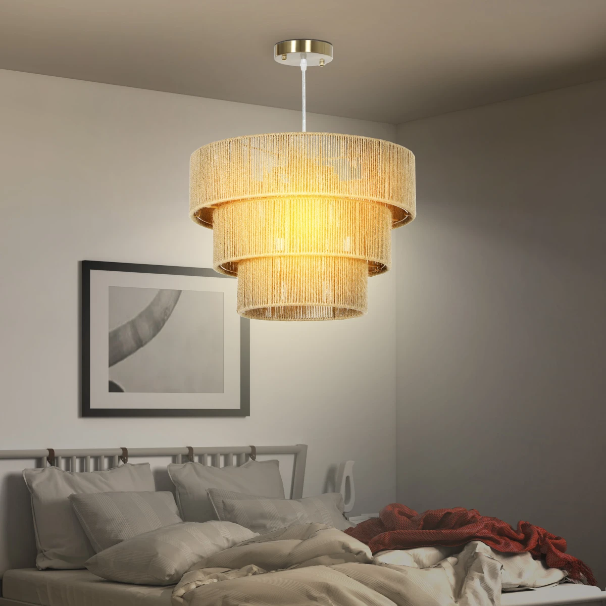 Boho Floor Lamp Tall Three Tier Hemp Rope Shade Diffused Light For Living Room Ambience by N/A