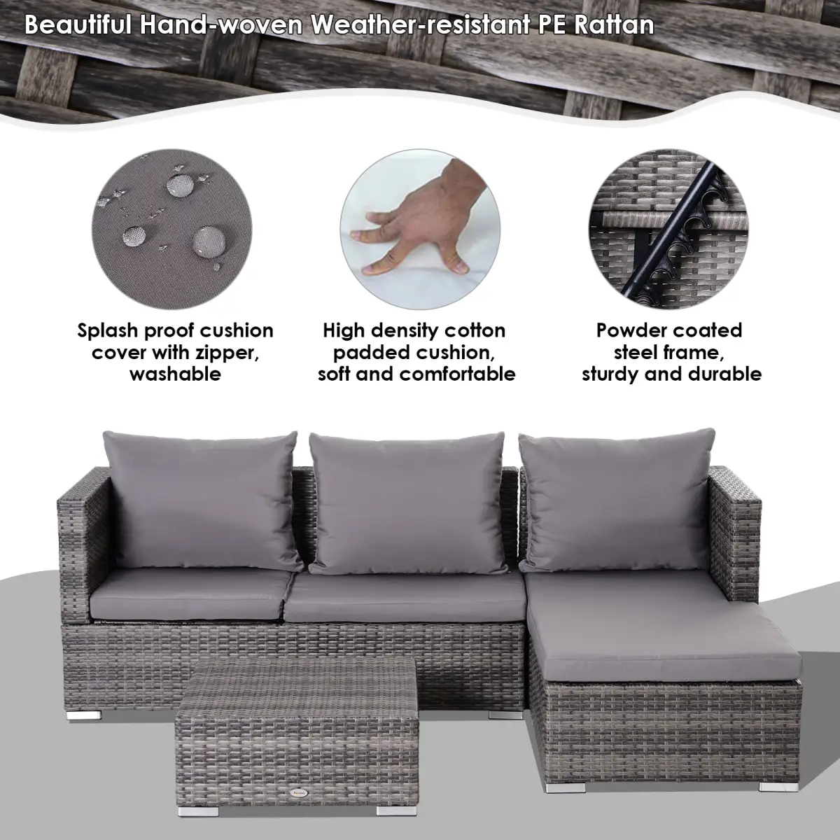 Outsunny Outsunny Rattan Garden Sofa Set Storage Table Wicker Patio Lounger 4-Seater Grey - Garden Sofa Sets