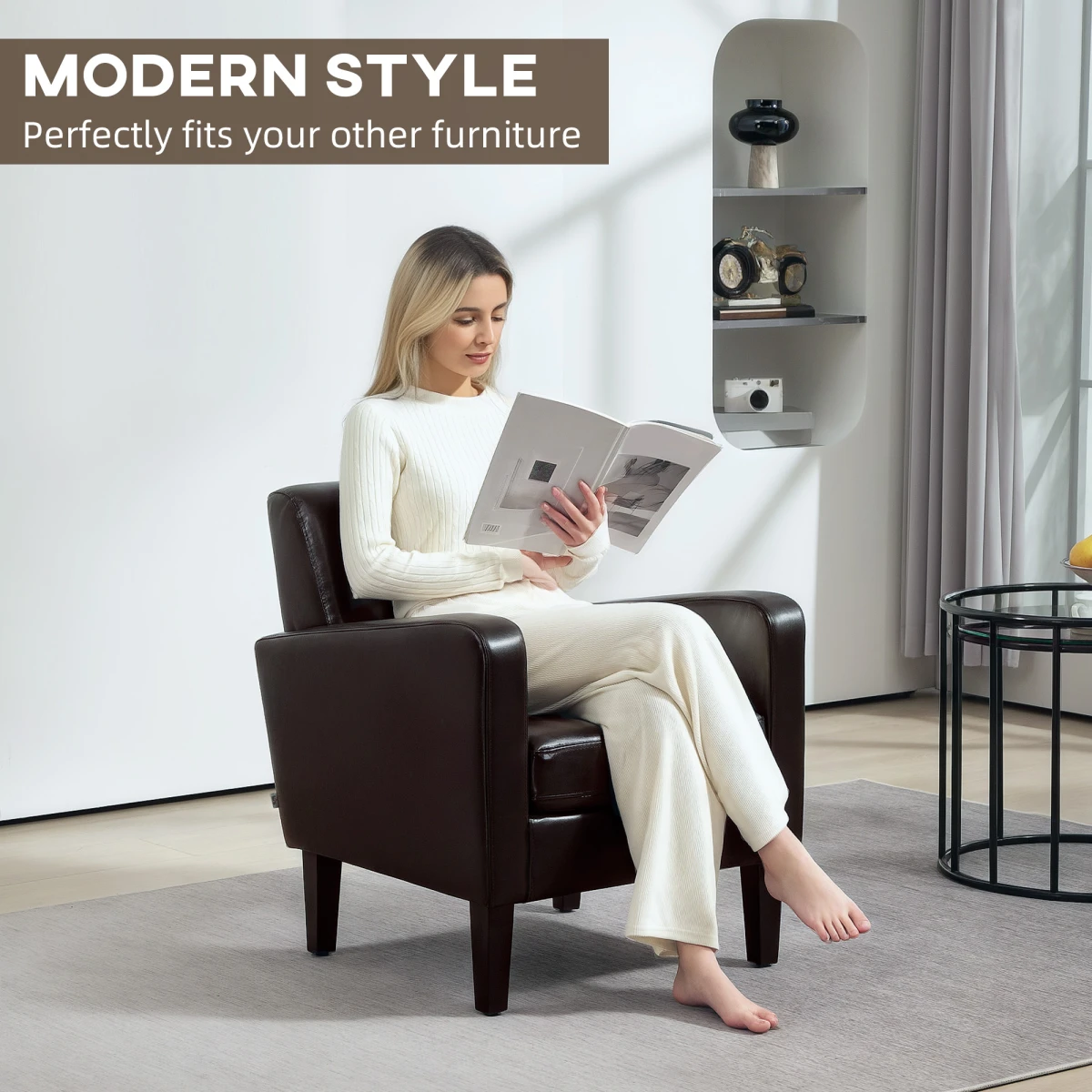 HOMCOM Armchair Compact PU Leather Eucalyptus Wood Bedroom - Armchair