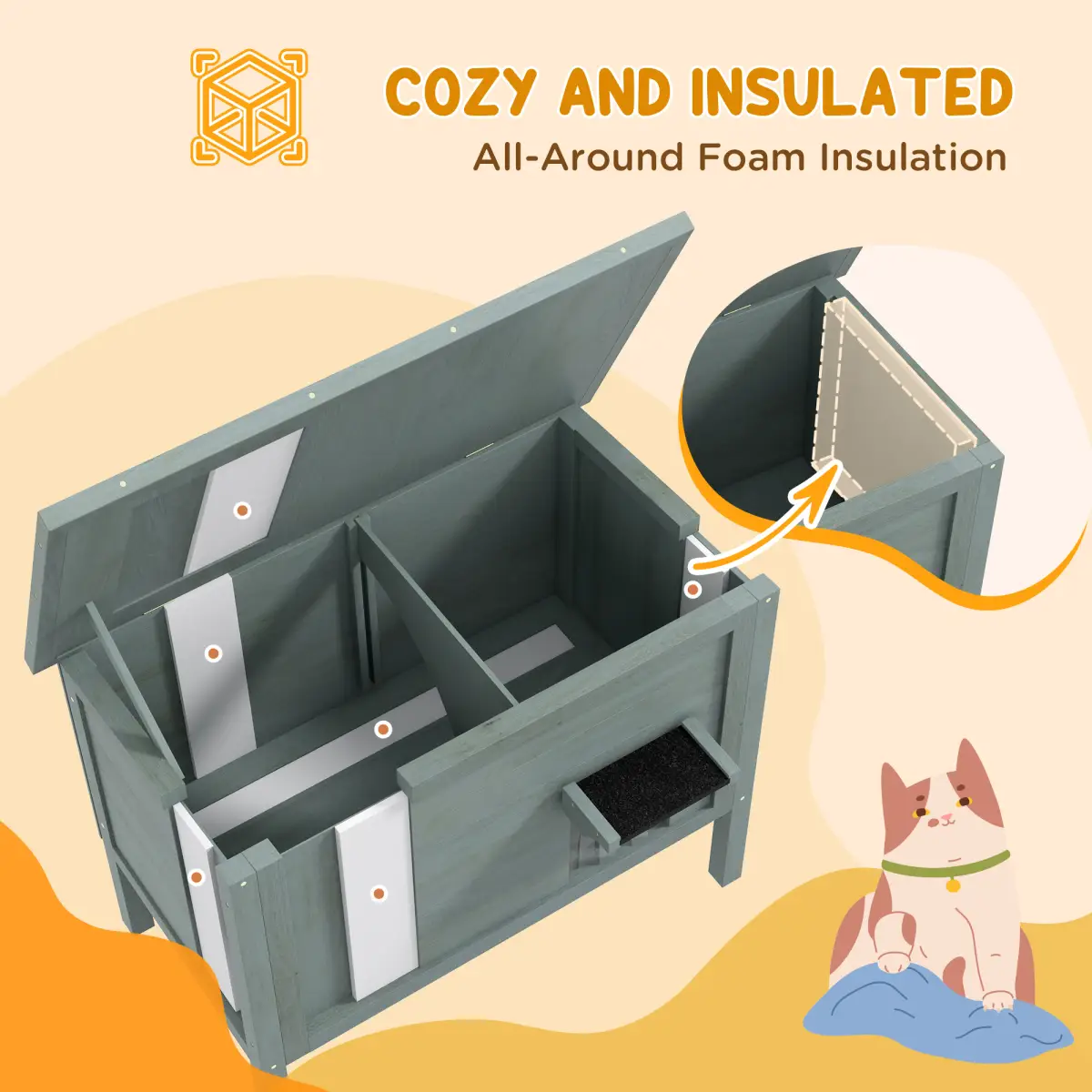 PawHut PawHut Outdoor Feral Cat House Insulated w/ Openable Roof - Charcoal Grey - Cat House