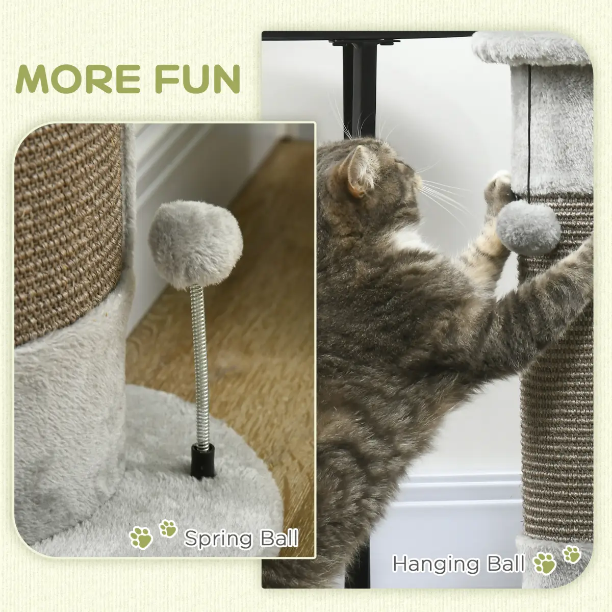 PawHut 58cm Corner Cat Scratching Post for Wall w/ Covered Plush, Sisal Rope, Toy Balls - Cat Tree