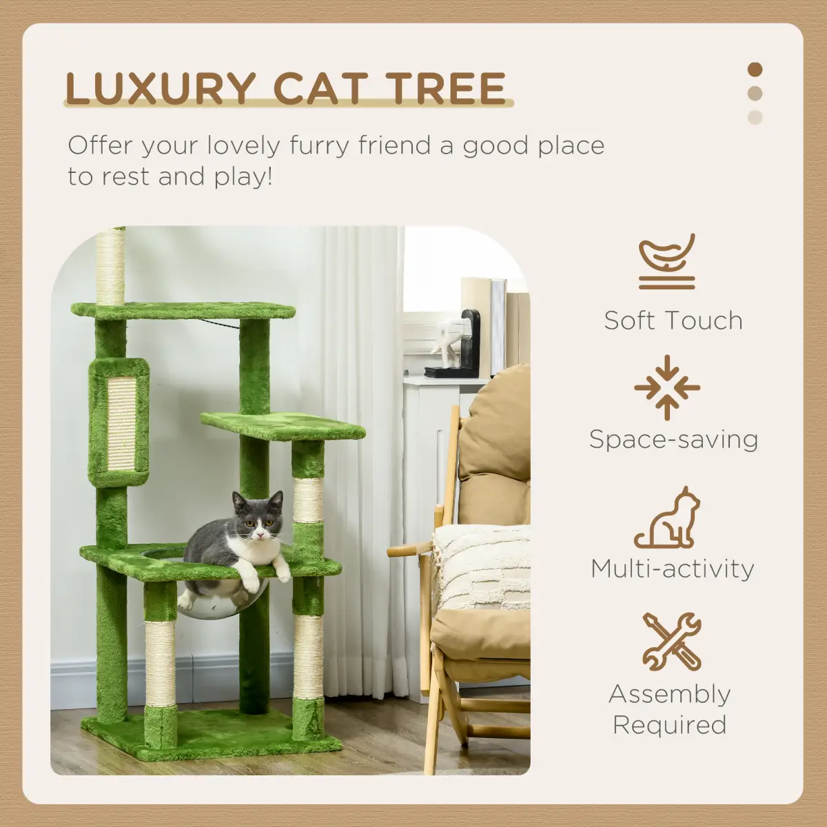 PawHut PawHut 142cm Cat Tree Tower with Scratching Post Hammock Ball Platforms Green - Cat Tree