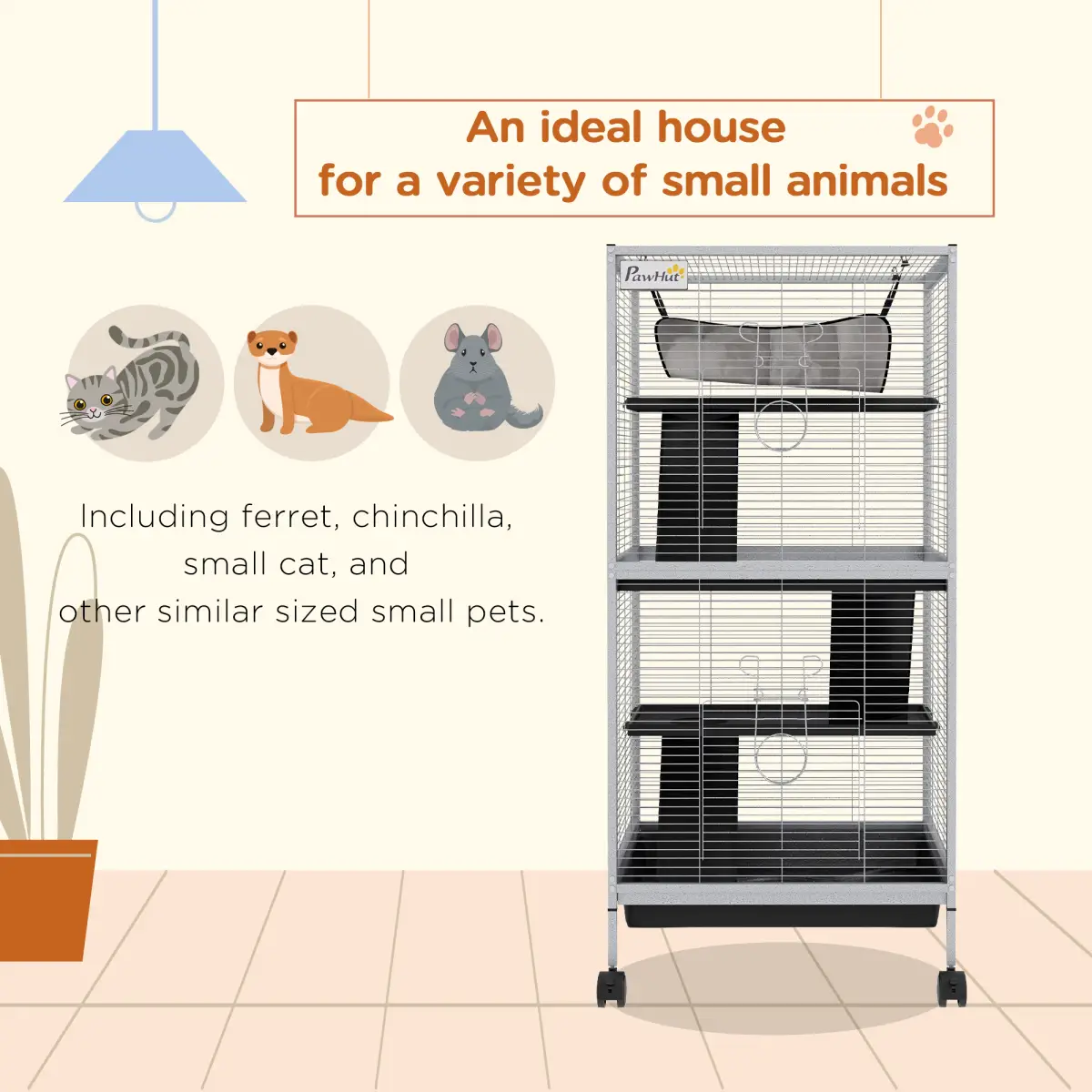PawHut PawHut Rolling Small Animal Cage for Chinchillas Ferrets Kittens W/ Ramp Grey - Pet Cage