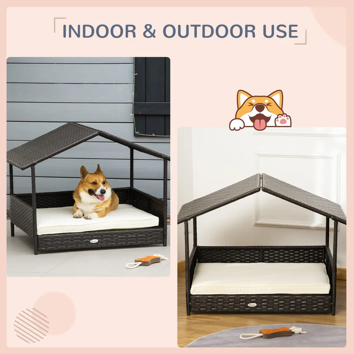 PawHut PawHut Wicker Dog House, Rattan Pet Bed with Soft Cushion, Cat Basket - Cream - Dog Beds