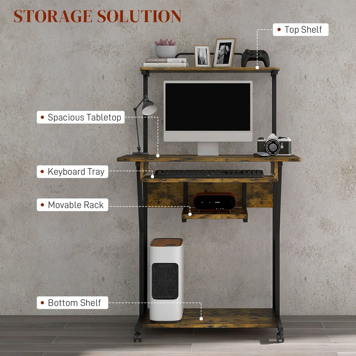 HOMCOM HOMCOM Rolling Computer Desk with Keyboard Tray Storage Shelves Rustic Brown - Desk