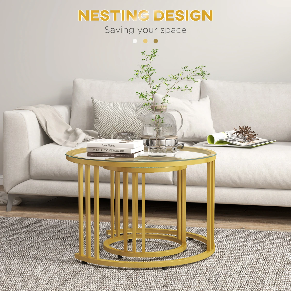 HOMCOM Nesting Coffee Tables Two Piece Set Tempered Glass Tops Gold Art Deco Living Room Decor - Nest of Tables