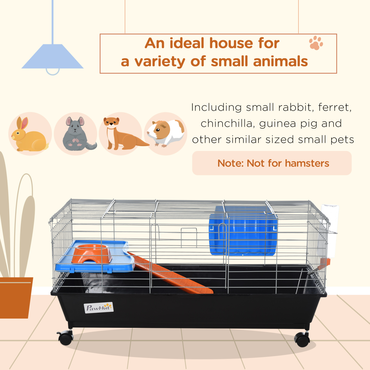 89cm Small Animal Home Cage for Rabbit Ferret Chinchilla w/ Wheels Black - from Pawhut