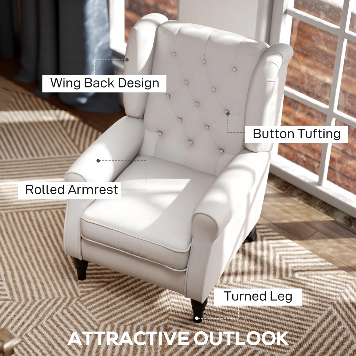 HOMCOM HOMCOM Accent Armchair Retro Tufted Back Wood Frame Cream White For Living Room - Armchair