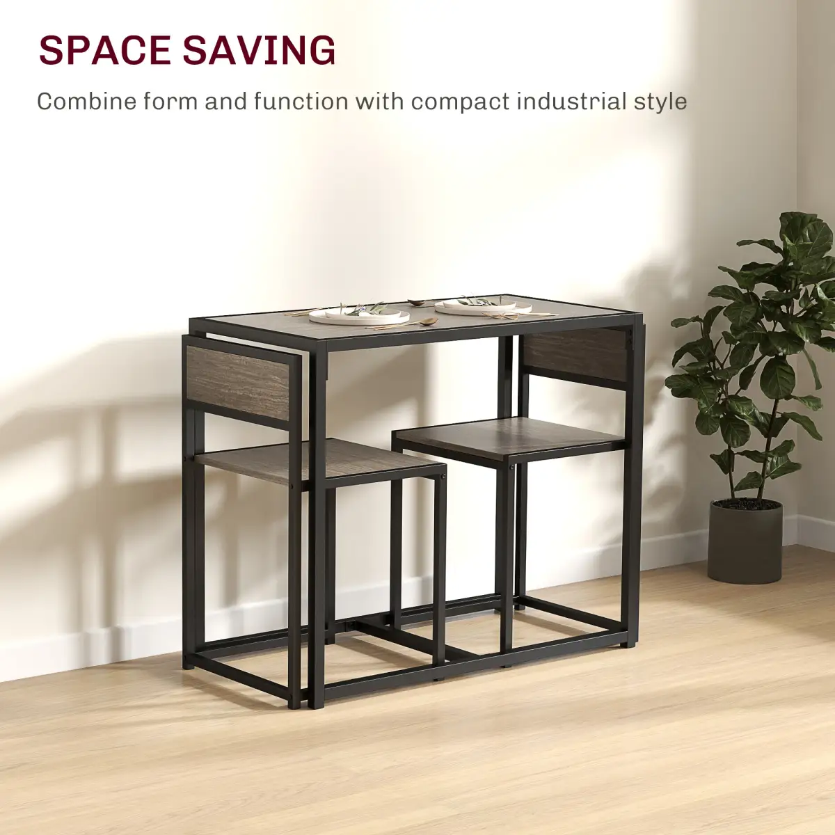 HOMCOM HOMCOM 3 Piece Dining Table Set with Metal Frame Grey Wood-Effect - Dining Set