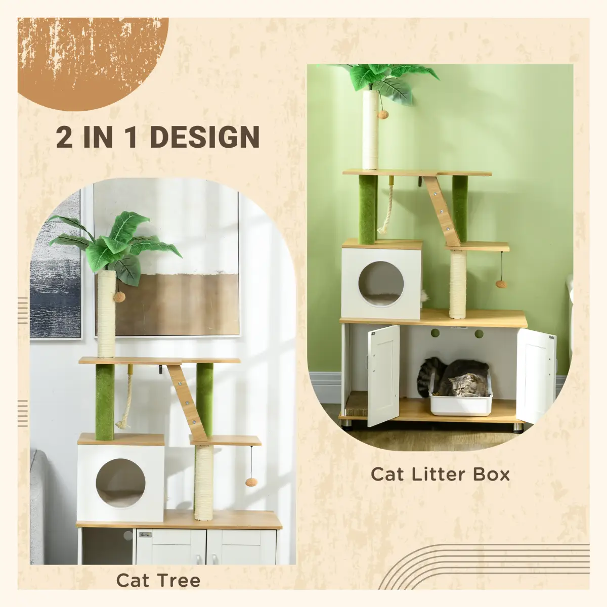 PawHut PawHut 2 in 1 Hidden Litter Box with Green Leaf Cat Tree, Indoor, Oak - Cat Tree