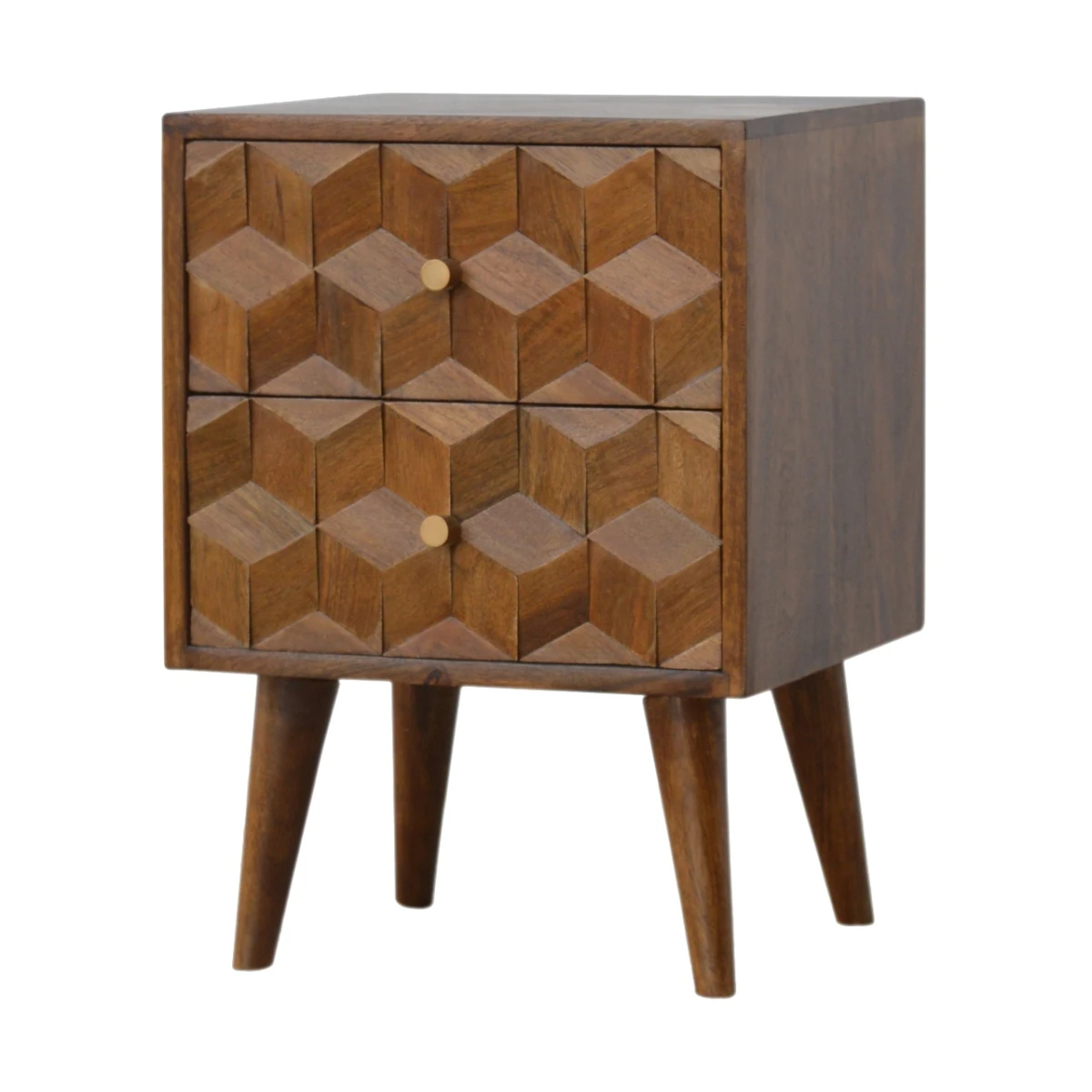 Artisan Solid Mango Wood Bedside Table Hand Carved Cube Drawer Fronts Bedroom Decor by Artisan Furniture