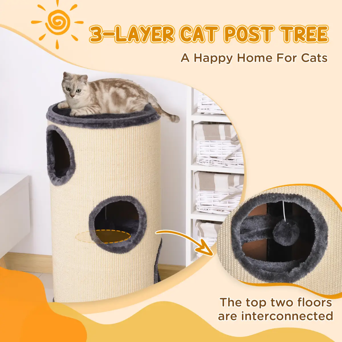 Unbranded Cat Scratching Barrel Sisal Activity Center 3 Dens Observation Deck 70H Pawhut - Scratching Posts