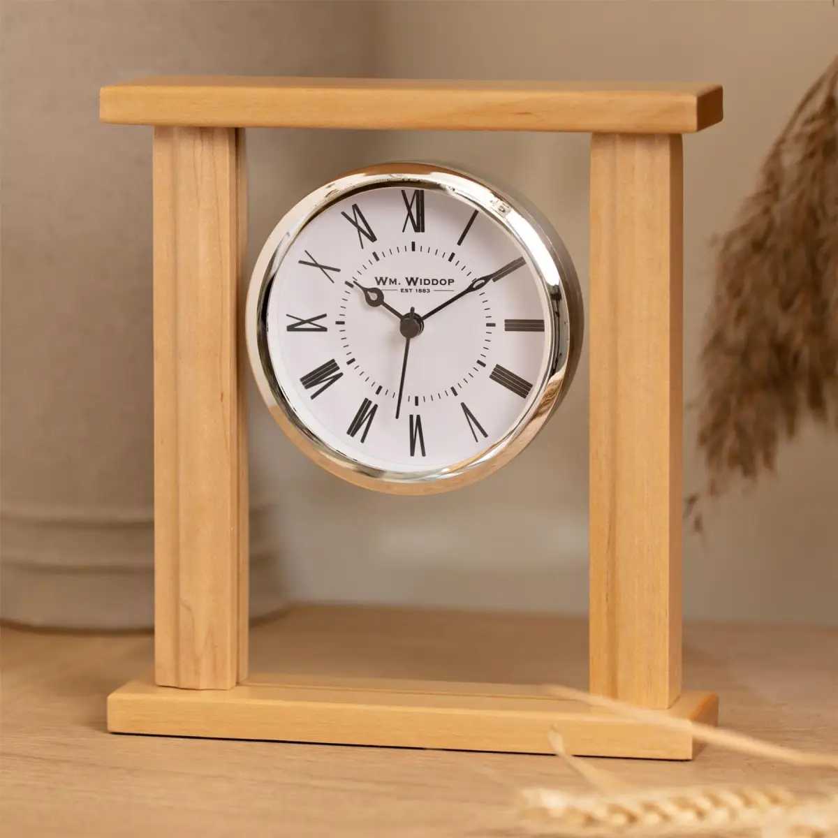 WIDDOP Wm.Widdop Wood & Glass Mantel Clock Roman Dial Silver Bezel W2771 - Clock