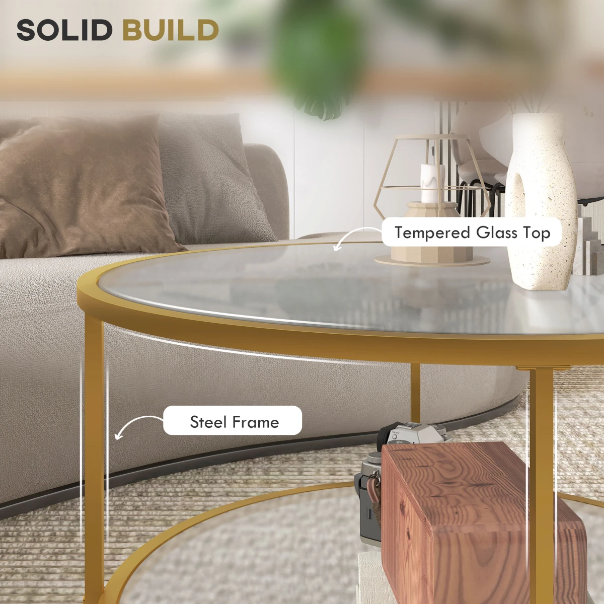 HOMCOM Round Coffee Table Tempered Glass Gold - Coffee Table