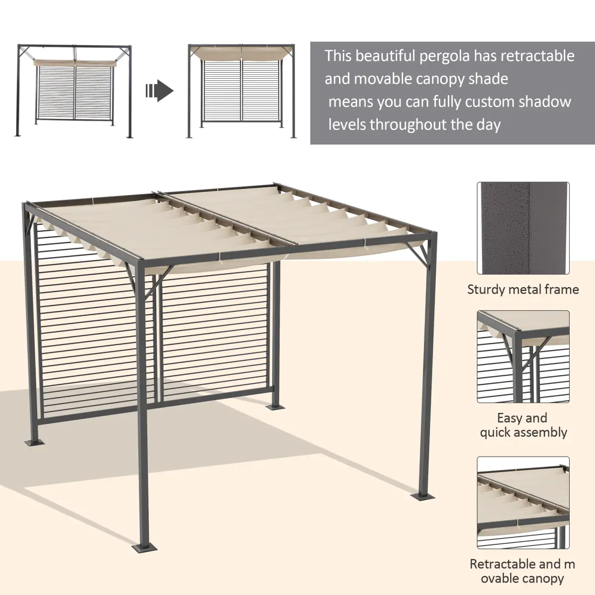 Outsunny Metal Pergola Patio Sun Shelter Grape Tent Retractable Canopy UV Cut - Gazebos