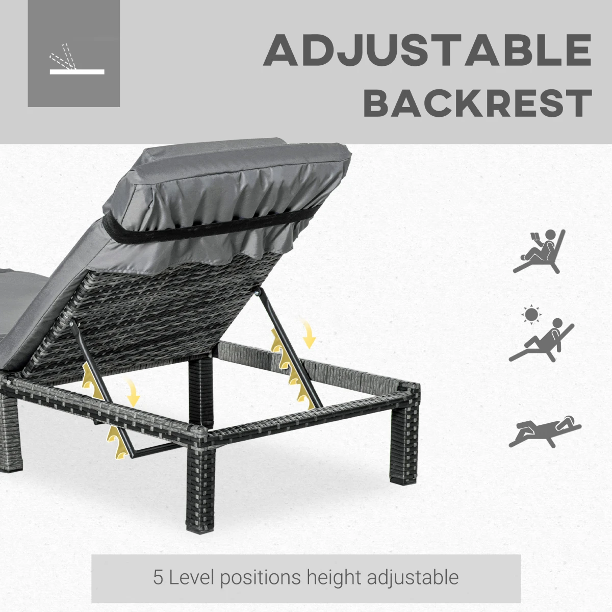 Premium PE Rattan Sun Lounger Outdoor Recliner With Five Position Backrest And Cushions Grey by Outsunny