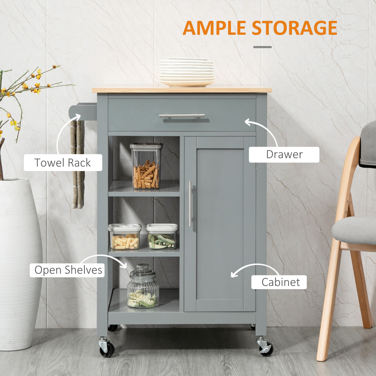 Kitchen Trolley Utility Cart on Wheels with Open Shelf & Storage Drawer Grey - from HOMCOM