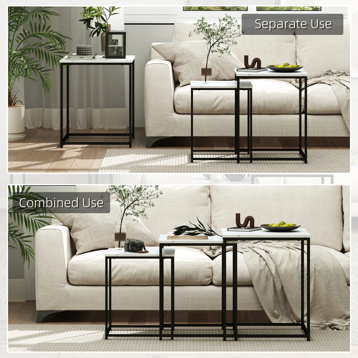 HOMCOM Nesting Coffee Tables Three Piece White Marble Top With Steel Frames Adjustable Feet Living Room by HOMCOM