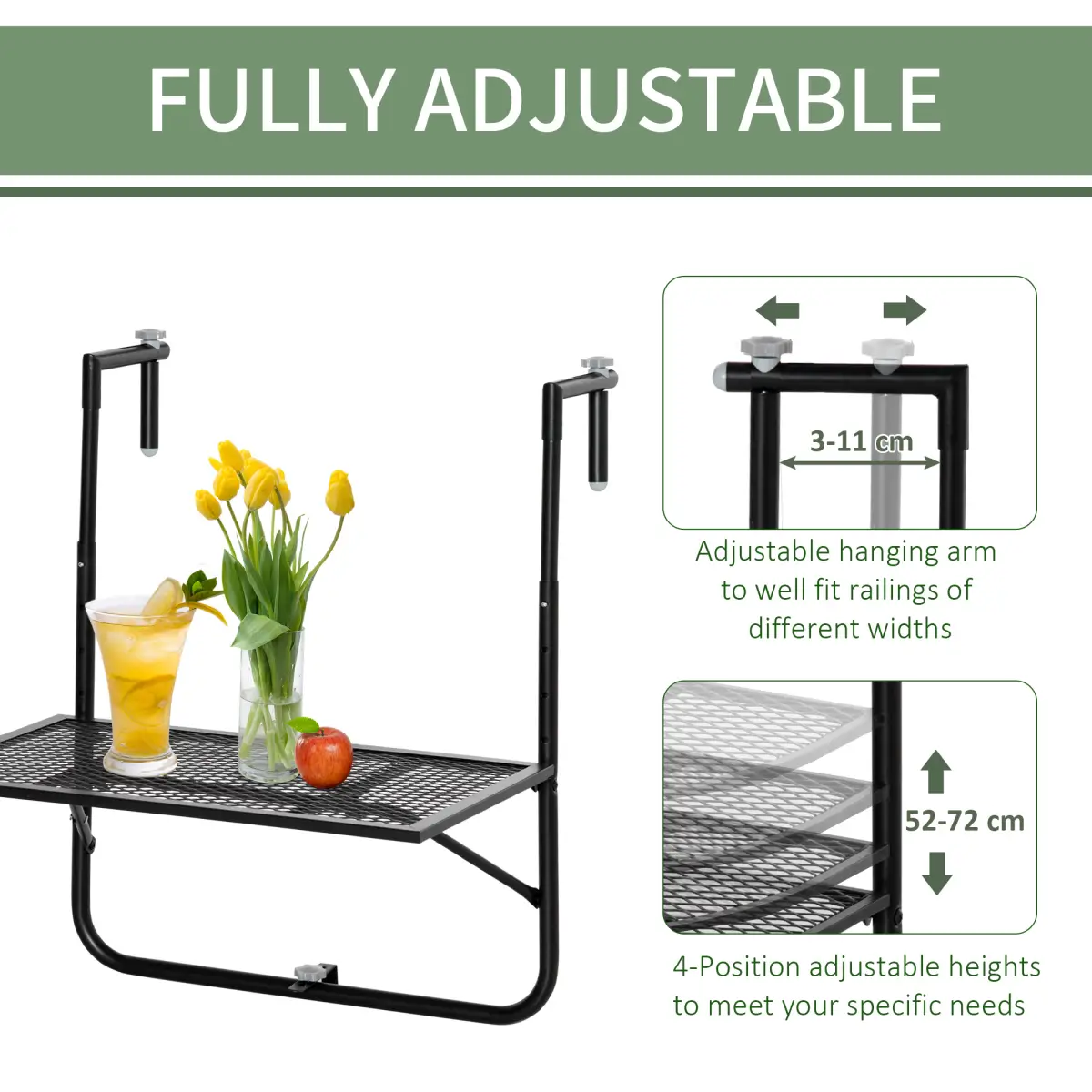 Outsunny Balcony Hanging Table, Metal Wall Mount Desk, Adjust Black - Desk