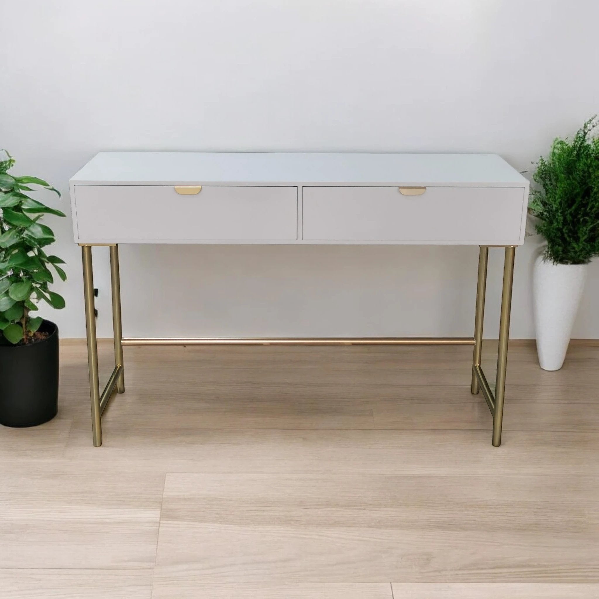MSL Elegant White Wooden Side Table 120cm Two Drawer Scalloped Edge Gold Leg Bedroom Decor - Chest of Drawers