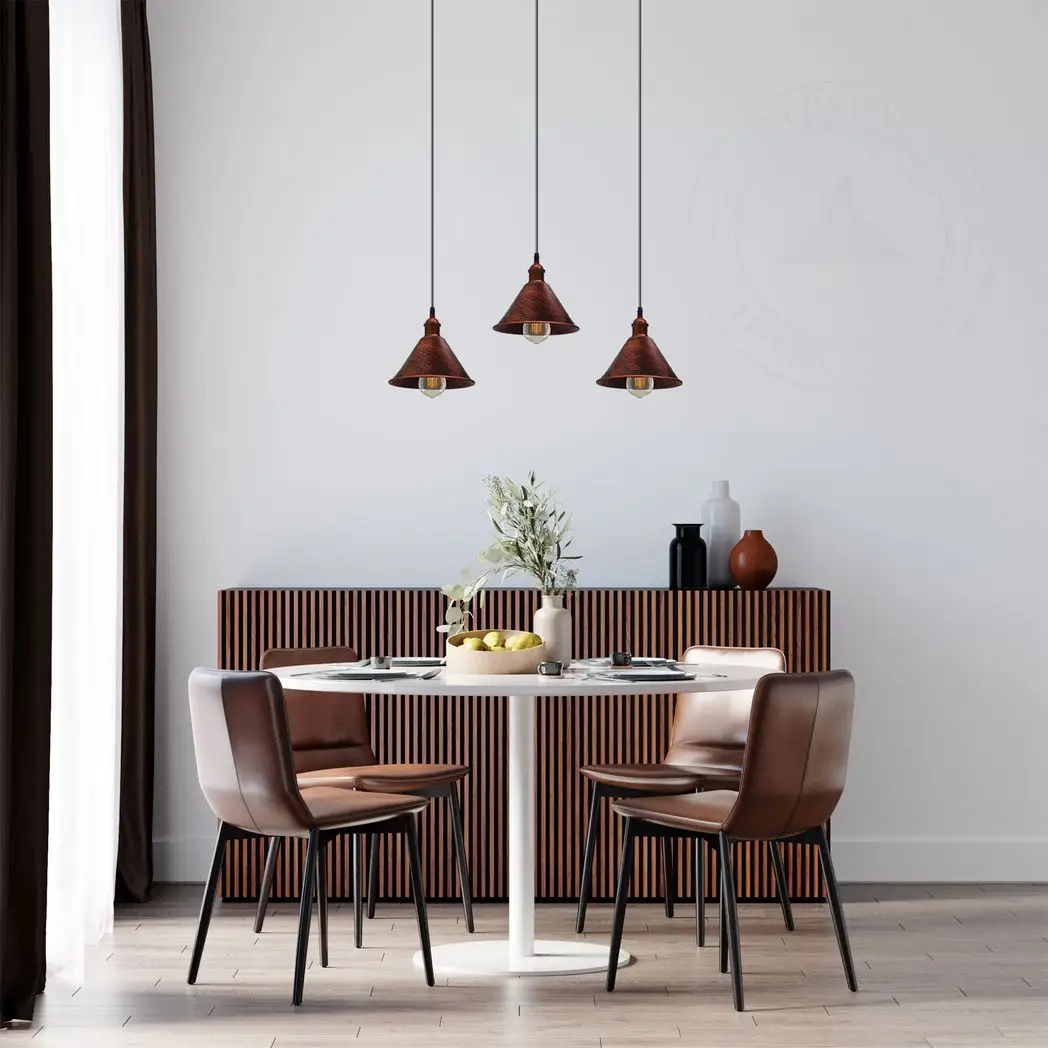 Un-branded Vintage Industrial Rustic Red 3 Head Reactangle Pendant Cord E27 Base Metal Brushed Light Fitting Cone Shape Lamp Shade - Pendant Lights