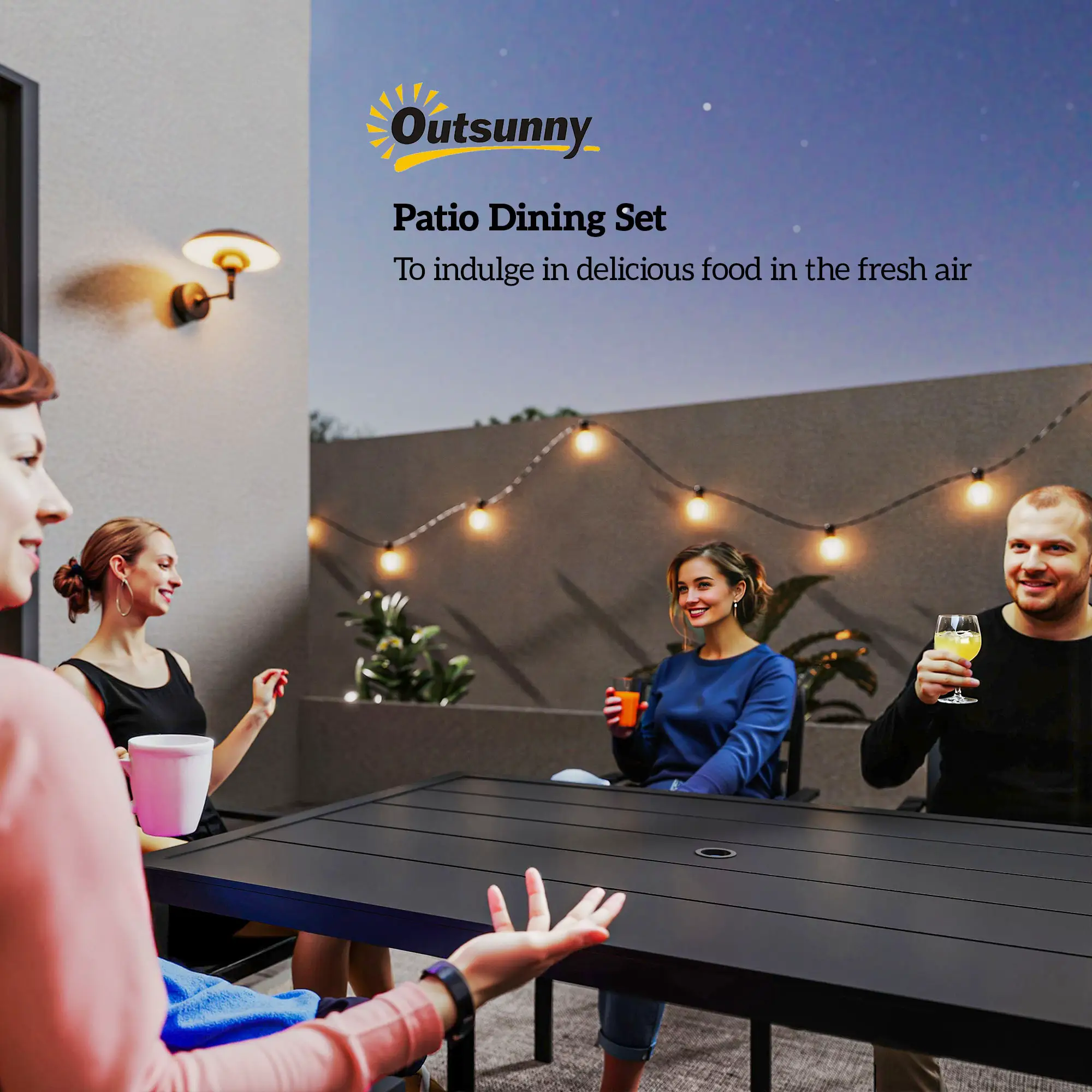 Outsunny Outsunny 7 PCs Garden Dining Set w/ Stackable Chairs and Metal Top Table, Black - Garden Set