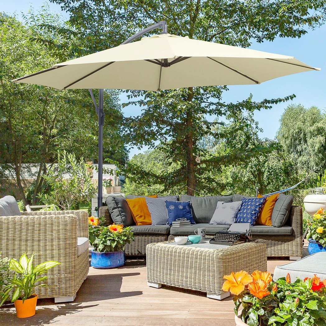 3mt Garden Parasol Sun Shade Patio Banana Hanging Rattan Set by Outsunny