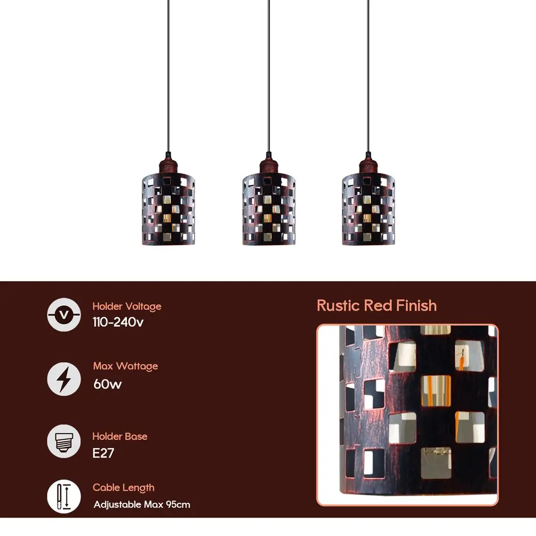 Un-branded Vintage Industrial Rustic Red 3 Head Reactangle Base Pendant Cord E27 Metal Brushed Light Fitting Barel Cage Lamp Shade - Pendant Lights
