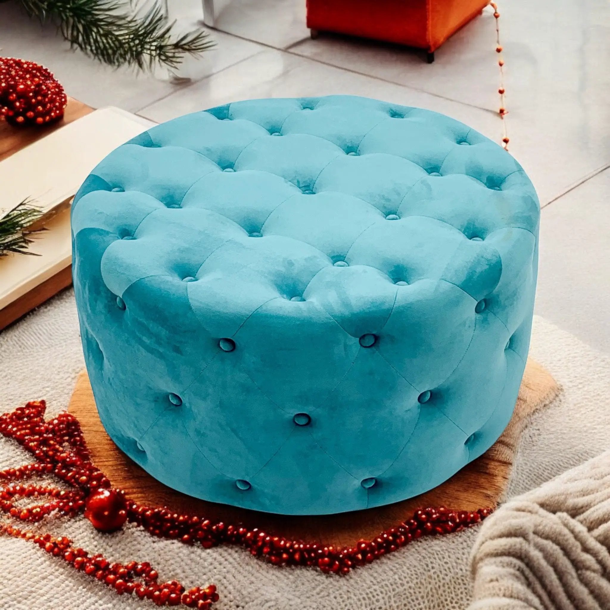 MSL 80X80CM BLUE BUTTONED ROUND FOOTSTOOL - Footstool